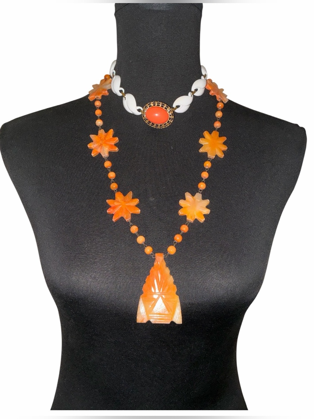 Vintage Orange Carved Stone Necklace, White Leaf Choker and Orange Dome Ring